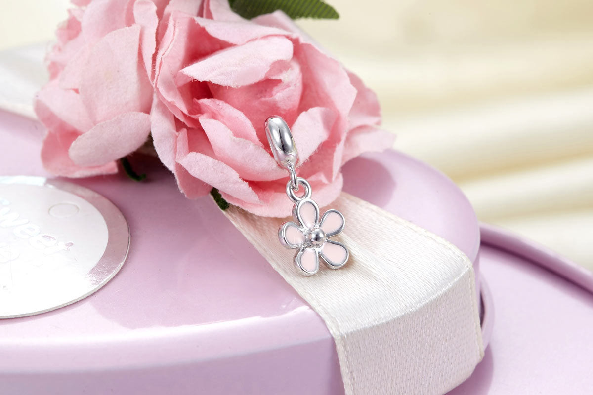 粉紅色小花瓣定位純銀小吊墜 - Charms 925銀串飾 - DIY手鏈鍊串珠飾品