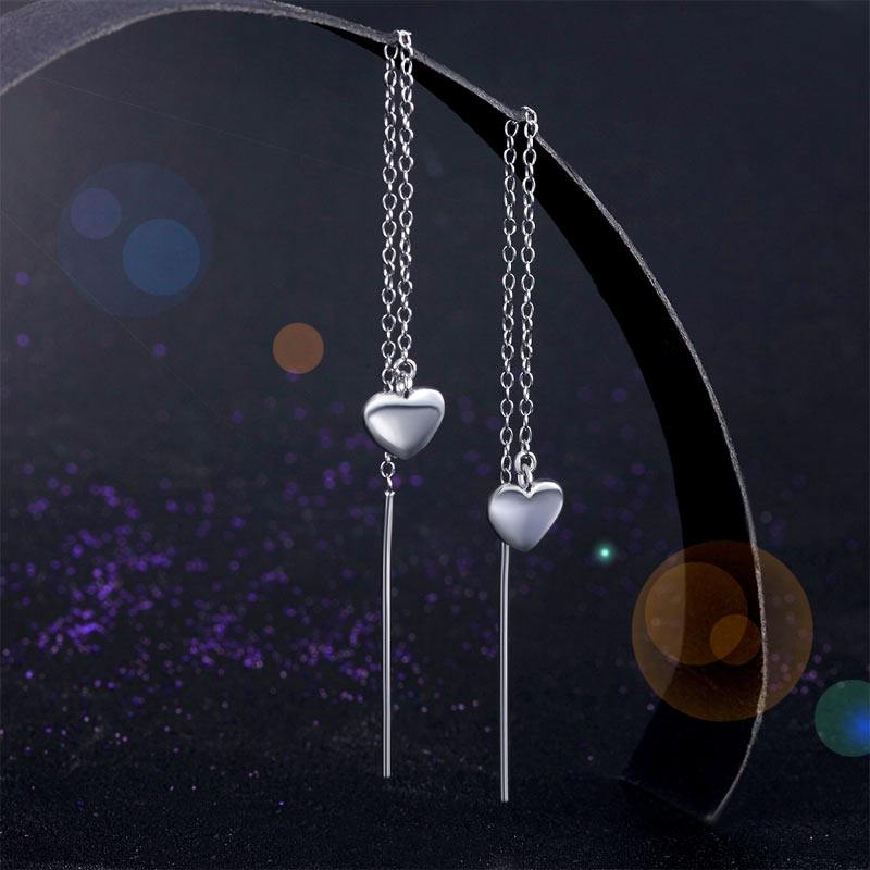 香港銀器店925純銀心形垂鍊耳環 925 Silver One Line Long Earrings