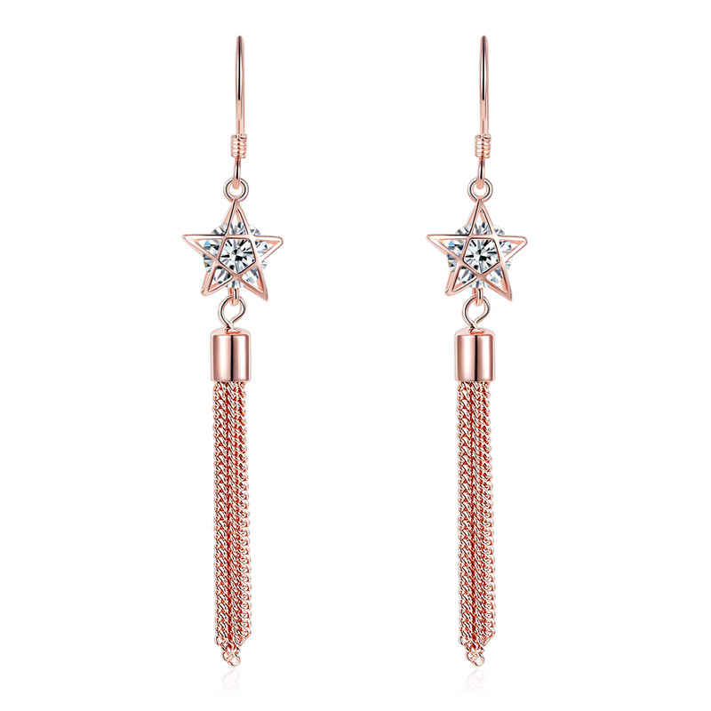 925純銀鍍玫瑰金高仿鑽耳環星星鉤垂吊時尚優雅 Silver Star Dangle Earrings