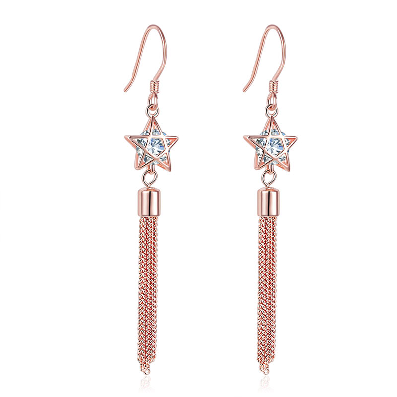 925純銀鍍玫瑰金高仿鑽耳環星星鉤垂吊時尚優雅 Silver Star Dangle Earrings