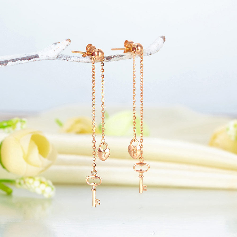 18K玫瑰金 長耳線耳環心鎖鑰匙 適合OL精品珠寶Rose Gold Key Lock Earrings